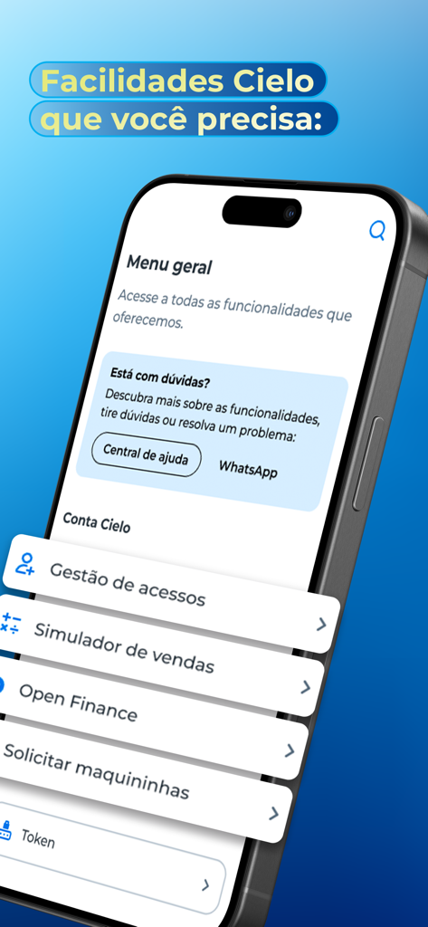 Cielo Gestão: maquininha - 비즈니스 관리 도구 및 지원 메뉴를 보여주는 Cielo Gestao 앱 인터페이스