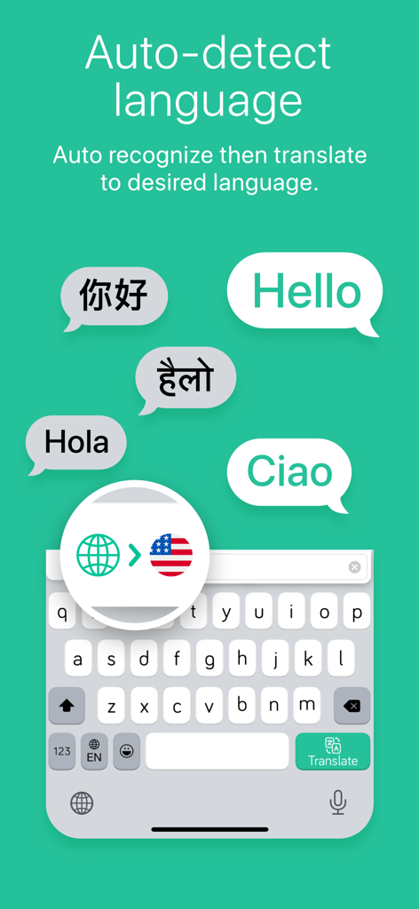 Translate Keyboard+ Translator - モバイルキーボードのインターフェース。自動検出言語機能と、チャットバブル内の複数言語の翻訳が表示されています。