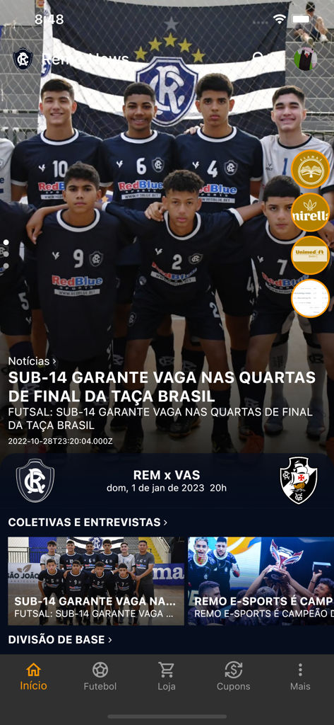 Tela inicial do Remo App exibindo notícias esportivas e agenda de jogos próximos
