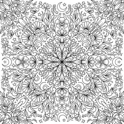 Discover tranquility with this enchanting night-time floral mandala coloring page. Delicate botanical elements intertwine with celestial moons and stars, offering a captivating and serene coloring experience.