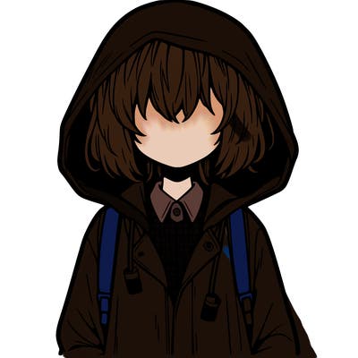 little anime girl in a raincoat her hair is covering her eyes she has a lighter
