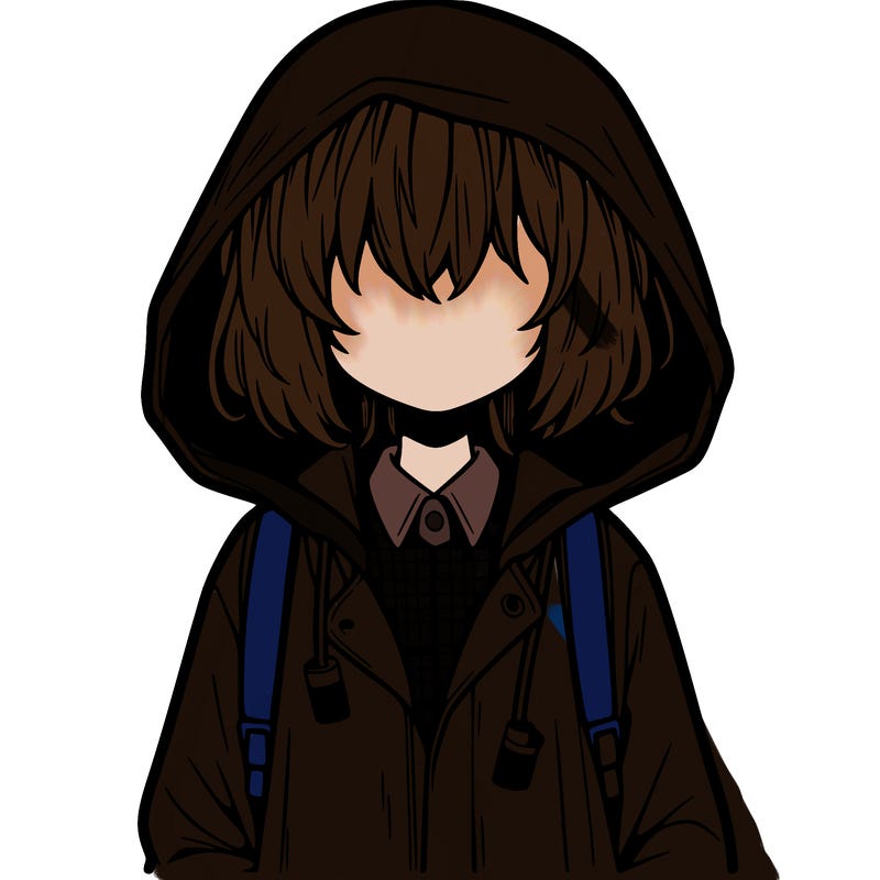 little anime girl in a raincoat her hair is covering her eyes she has a lighter