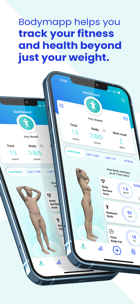 Bodymapp 앱 대시보드가 두 개의 iPhone에서 3D 신체 스캔 및 건강 지표를 보여주는 모습