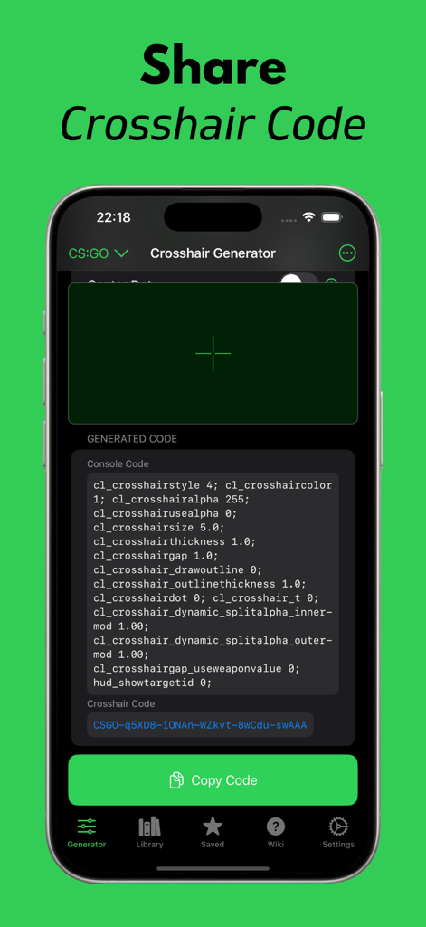 Custom Crosshair: Aimiks v2 - Interfaz que muestra un código de mira generado para CSGO con un botón de copiar
