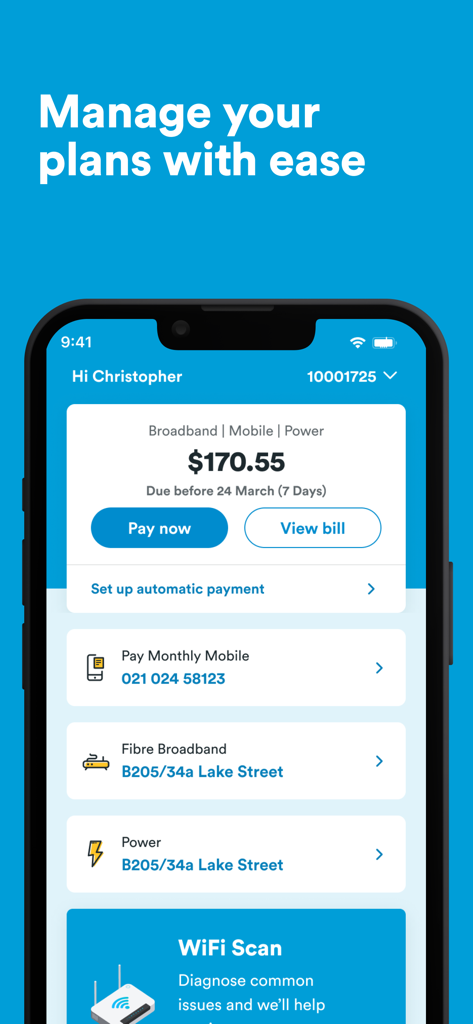 Tableau de bord de l'application 2degrees NZ affichant le montant total de la facture et la gestion du forfait pour les services Internet mobile et d'électricité.