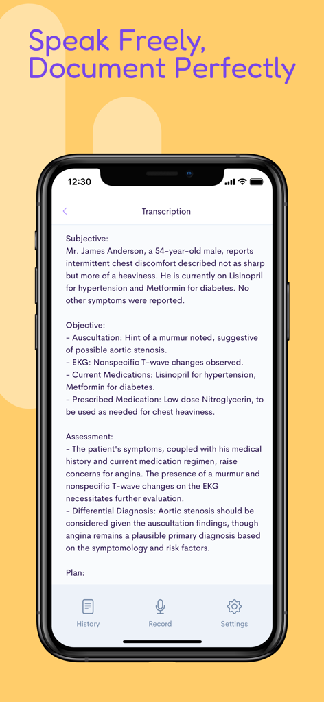 Assistant Dr. - Medical Scribe - iPhone screen displaying structured SOAP notes including Subjective Objective Assessment and Plan sections for a patient