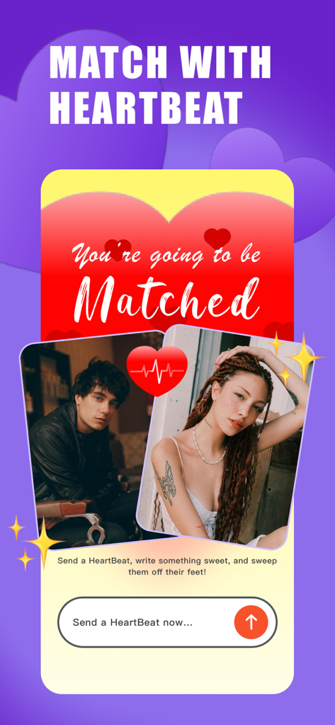 Casual Swinger Dating App-BRIO - Una captura de pantalla de la aplicación BRIO que muestra la función de coincidencia HeartBeat (Latido del Corazón) con dos fotos de perfil y un icono de latido del corazón