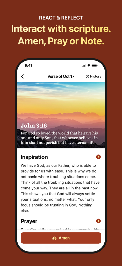 Bible Vod: Find God's Guidance - Bible Vod app screen showing John 3:16 verse with an inspiration section and an Amen button