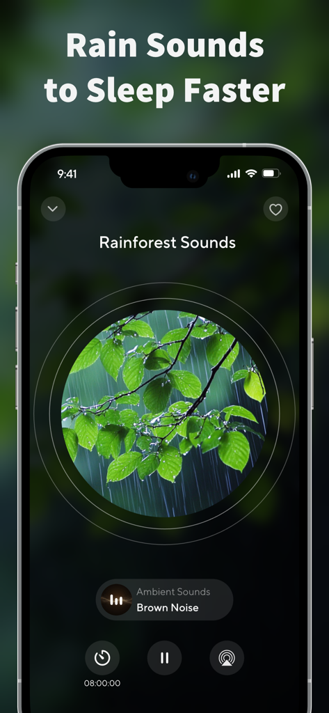 App interface showing Rainforest Sounds with a circular image of rainy leaves and a sleep timer.
