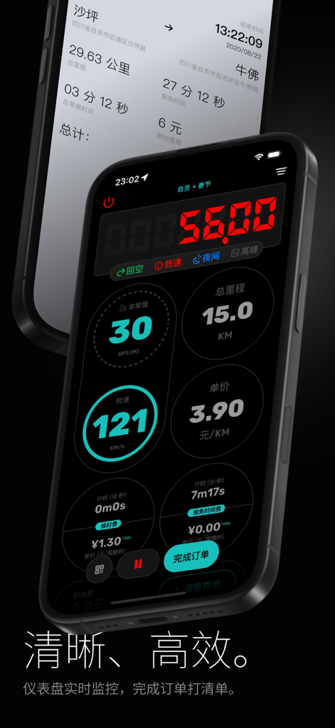 Chinese taxi taximeter app interface showing real-time fare calculation and trip statistics on a smartphone
