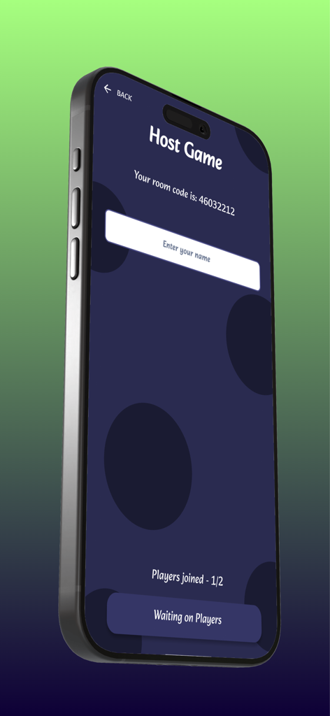20 Questions - Guessing Game - Host game screen in the 20 Questions app showing a unique room code and a name entry field for multiplayer mode.