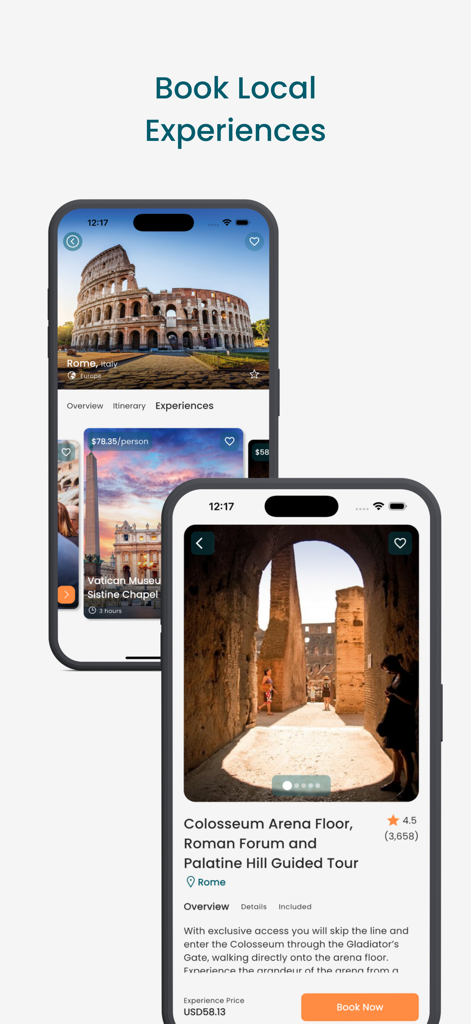 TourAI - AI Travel Planner - TourAI App-Oberfläche zur Buchung lokaler Reiseerlebnisse und geführter Touren in Rom