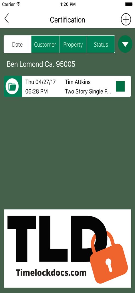Certification records screen in the Landscape Maintenance Pro App showing a list of documented landscape projects with date and customer details