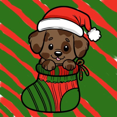cute puppy wearing santa hat in socking