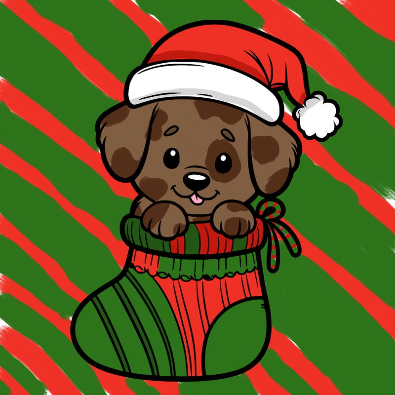 cute puppy wearing santa hat in socking