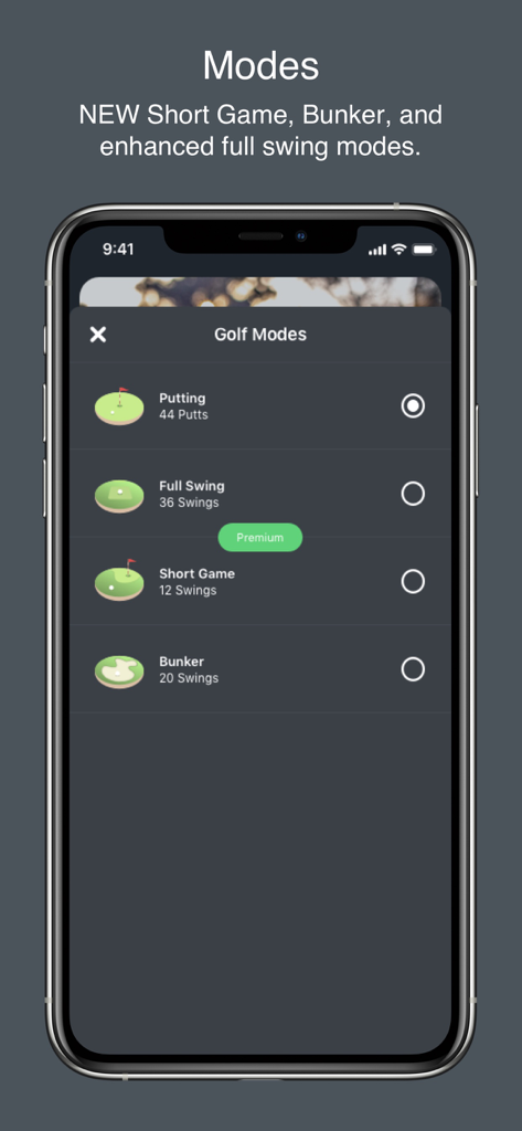 Pantalla de la aplicación Blast Golf que muestra diferentes modos de entrenamiento como putt, swing completo y juego corto