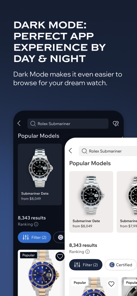 Chrono24 | Luxury Watch Market - Comparación lado a lado de la aplicación Chrono24 en modo oscuro y claro mostrando relojes Rolex Submariner.