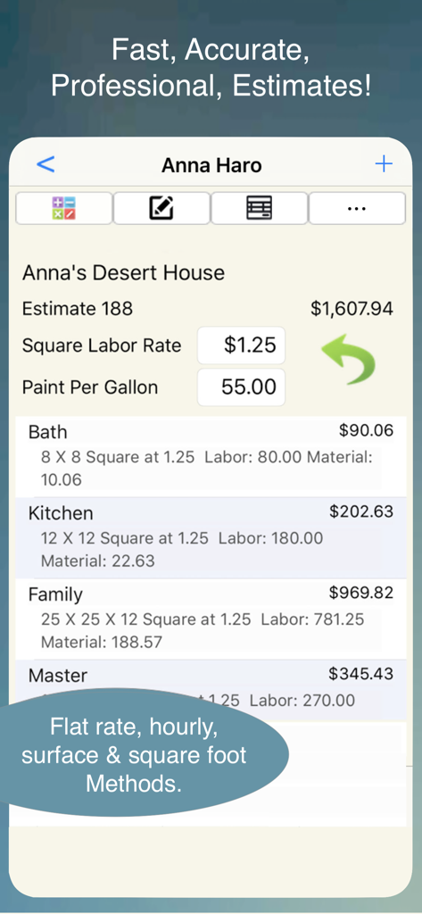 Tela de orçamento detalhado de pintura com discriminação de custos de mão de obra e material por cômodo.