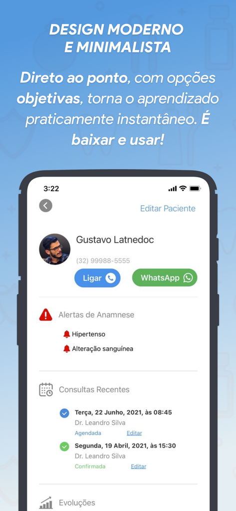 Interface of the Codental app displaying a patient profile with quick contact buttons and medical history alerts.