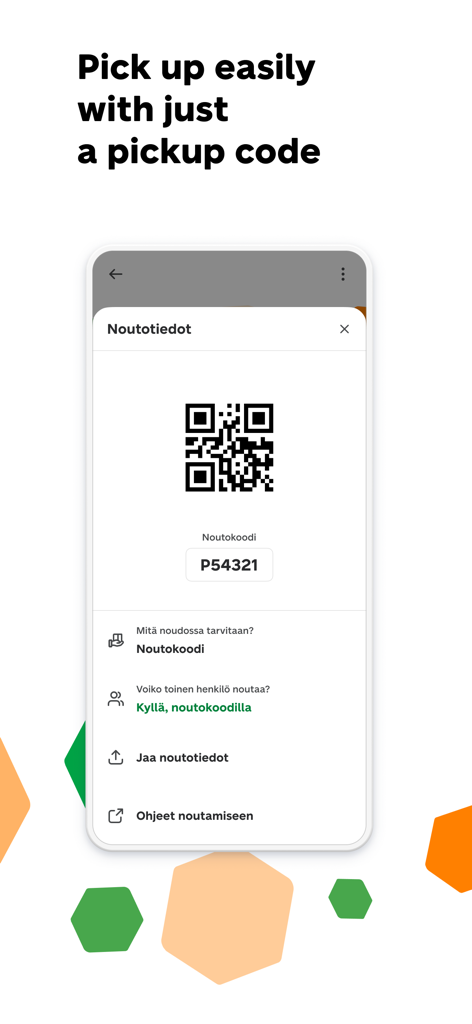OmaPosti - A smartphone screen from the OmaPosti app displaying a QR code and a pickup code for easy parcel collection.