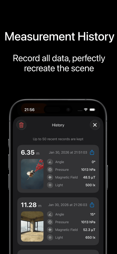 Laser Measure - High Precision - Measurement history screen showing saved distance records and environmental sensor data