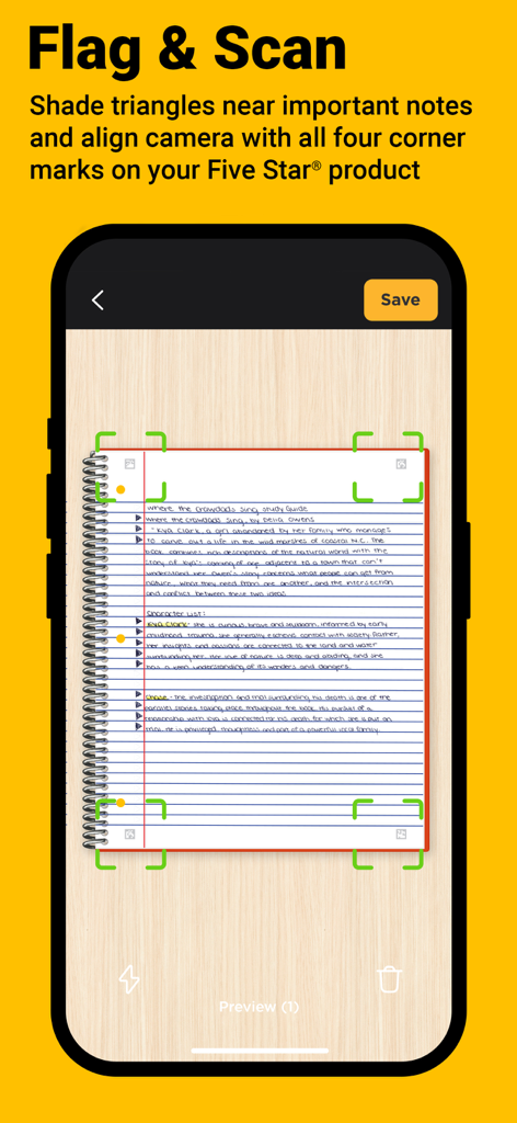 iPhone screen showing the Five Star Study App scanning a handwritten notebook page using corner markers