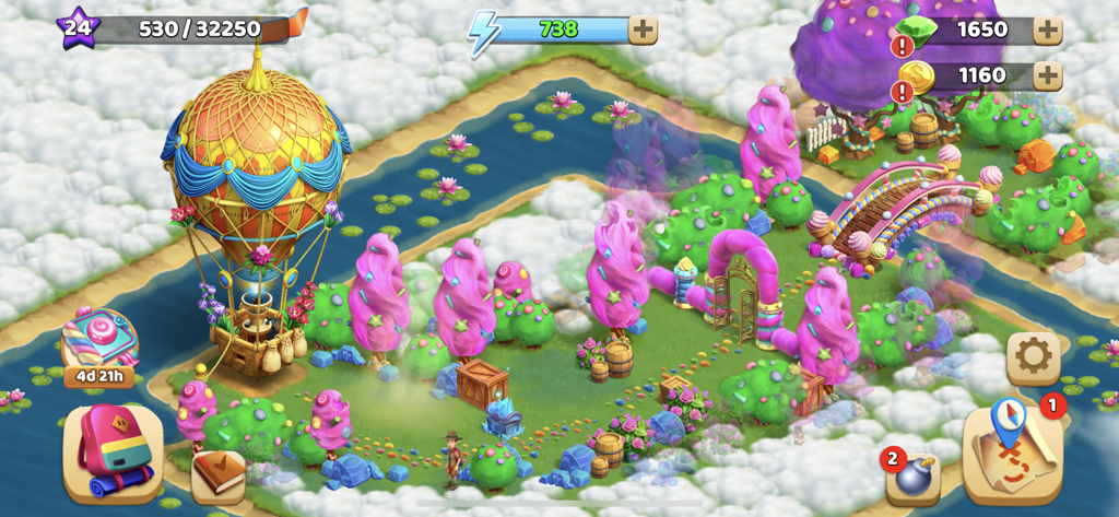 Funky Bay – Farm & Adventure - Screenshot di gioco di Funky Bay che mostra una mongolfiera dorata su un'isola tropicale colorata con alberi rosa stravaganti.