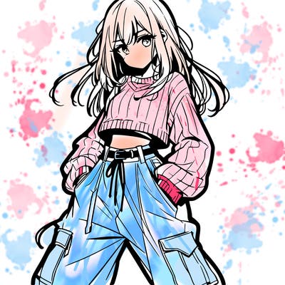 anime teen girl with baggy pants and crop top with sweater