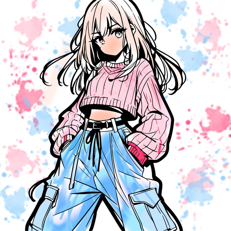 anime teen girl with baggy pants and crop top with sweater