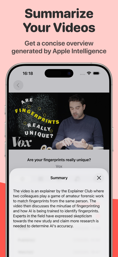Play: Save Videos Watch Later - iPhone-Bildschirm mit einer KI-Videozusammenfassung, die von Apple Intelligence in der Play App generiert wurde