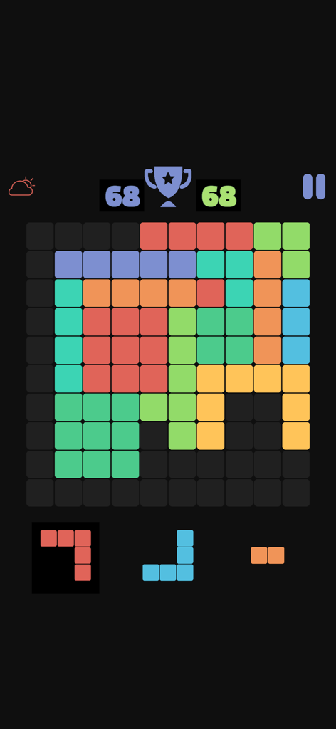 1010 Block Puzzle King - A gameplay screenshot of 1010 Block Puzzle King showing colorful blocks on a ten by ten grid with a score of sixty eight