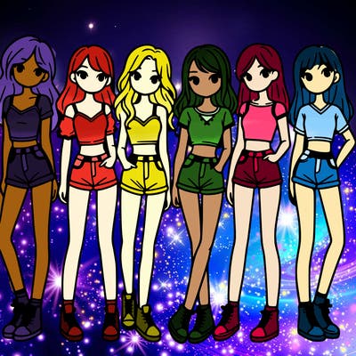 a group of girls wearing crop tops and shorts
