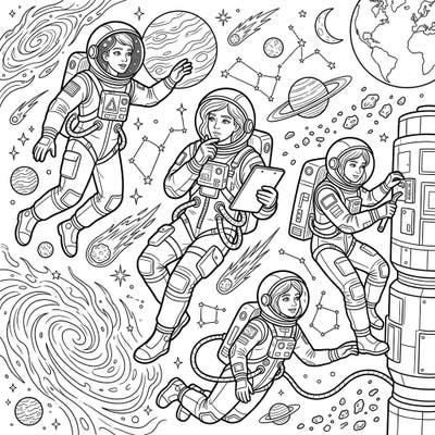Ignite your imagination with this thrilling coloring page featuring brave female astronauts exploring the cosmos. Designed for teens, it combines intricate details with an inspiring vision of space adventure.