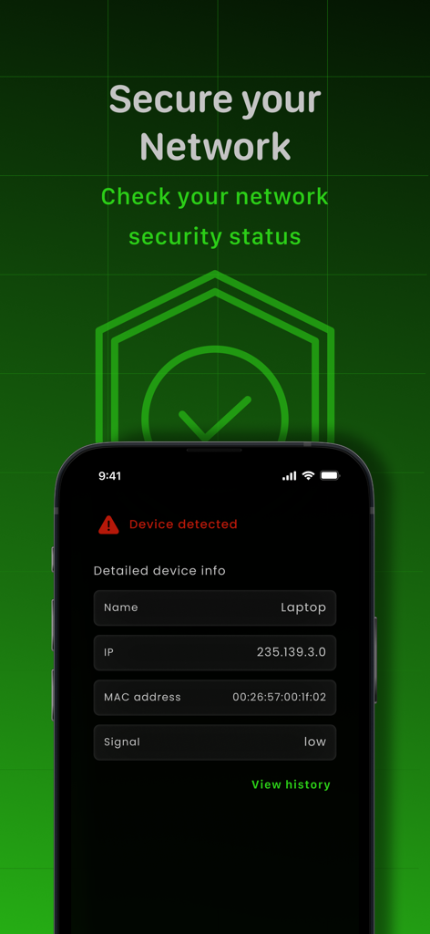Mobile app interface showing a network security scan with details of a detected laptop