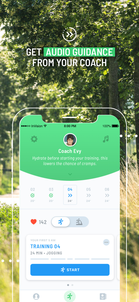 Start 2 Run - Start 2 Run app interface showing personal audio coaching and a 5K training plan