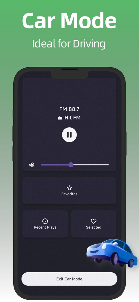 Radio FM app simplified car mode interface for safe driving.