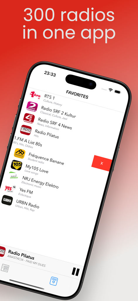 Favoriten-Bildschirm der Radio Schweiz App mit mehreren Schweizer FM-Sendern