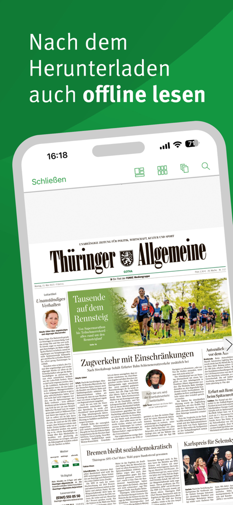 Smartphone displaying the Thuerenger Allgemeine digital newspaper with a headline about offline reading