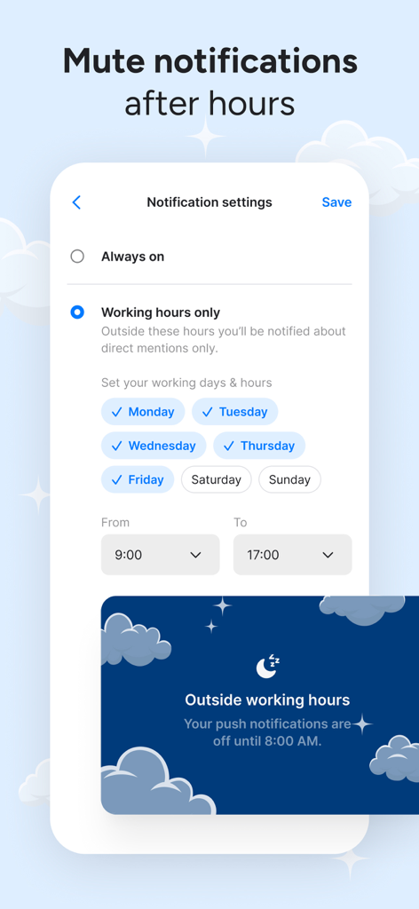 Zenzap: Professional Work Chat - Zenzap app screen showing settings to mute notifications outside of professional working hours
