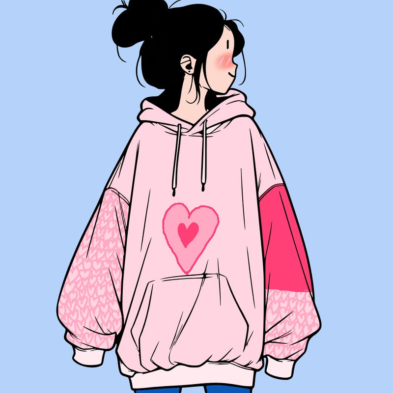 realistic girl with a oversized sweatshirt on and a bun