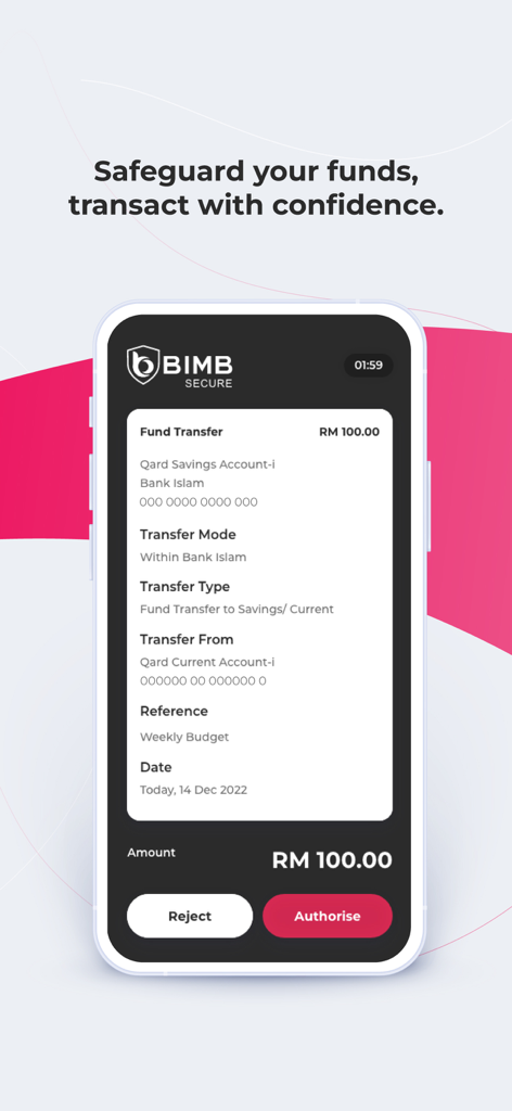 BIMB Mobile app secure fund transfer authorization screen with reject and authorize buttons