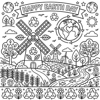 Explore the beauty of nature and the importance of environmental care with this delightful Earth Day coloring page. Featuring quaint rural windmills amidst fields and rivers, it's a perfect way to celebrate our planet.