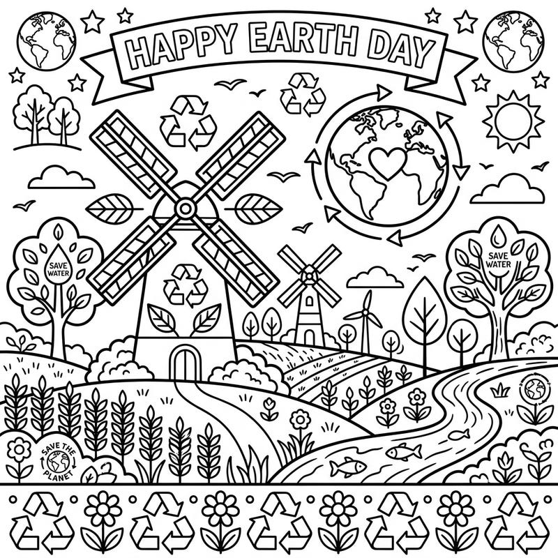 Explore the beauty of nature and the importance of environmental care with this delightful Earth Day coloring page. Featuring quaint rural windmills amidst fields and rivers, it's a perfect way to celebrate our planet.