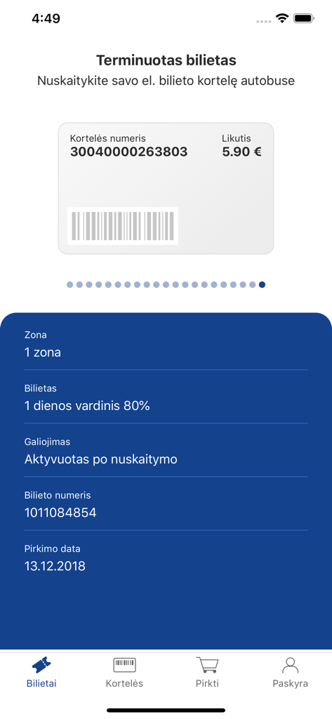 e.Ticket Klaipėda - Digital transit ticket details screen showing balance and barcode in the e.Ticket Klaipeda app