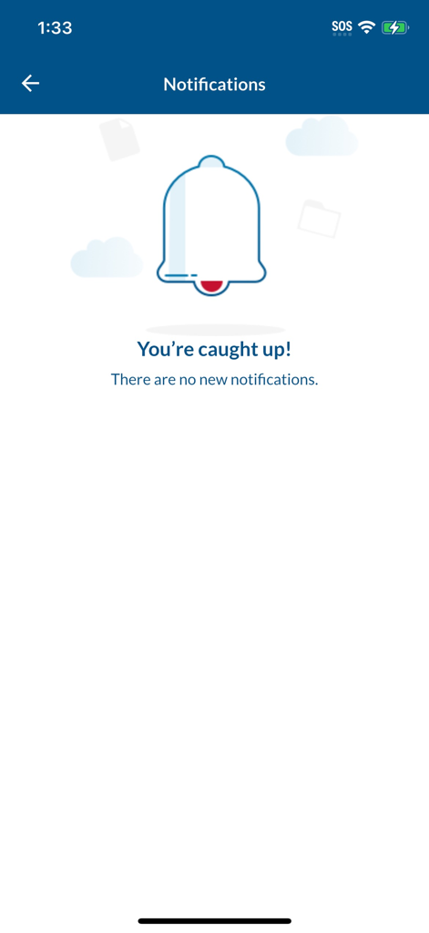 Leerer Benachrichtigungsbildschirm in der CBP Link App mit einem Glockensymbol und der Meldung Sie sind auf dem neuesten Stand