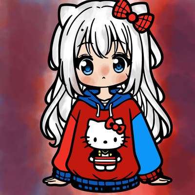 cute anime girl wearing a kuromi from hello kitty sweatshirt