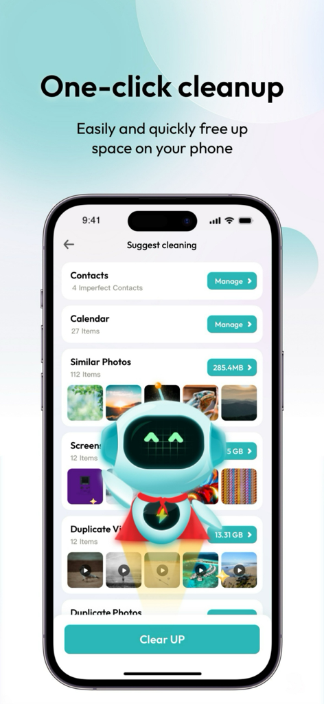 Cleanerアプリのスクリーンショット。重複写真、スクリーンショット、重複動画を特定してストレージ容量を解放するワンクリッククリーニング機能が表示されている。