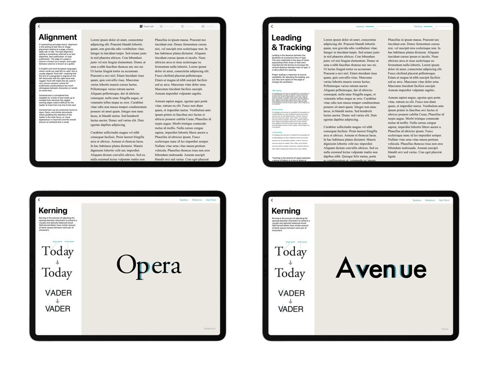 Typography Insight - Typography Insightアプリの4つの画面で、テキストの配置、トラッキング、カーニングに関するインタラクティブなレッスンを示している様子