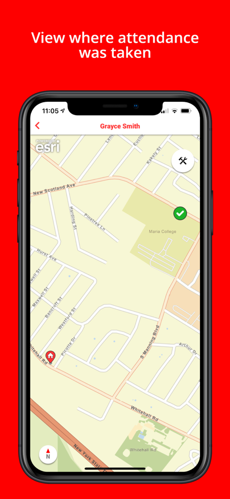 Stopfinder - Stopfinder app interface showing a map with a student attendance location marker