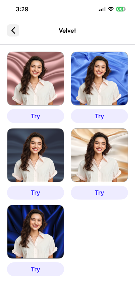 Remove BG - Background Remover - Una pantalla de aplicación móvil que muestra varias opciones de fondo de terciopelo para una foto de retrato